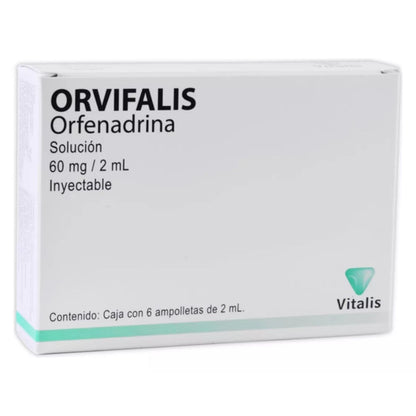 Orfivalis (Orfenadrina) 60 mg/2 ml con 6 Ampolletas Inyectables de 2 ml