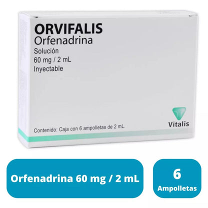 Orfivalis (Orfenadrina) 60 mg/2 ml con 6 Ampolletas Inyectables de 2 ml