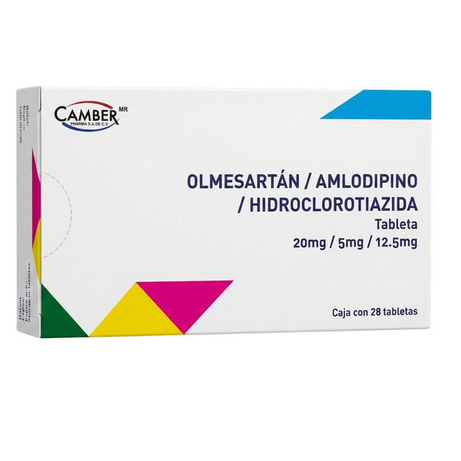 Olmesartán 20 mg / Amlodipino 5 mg / Hidroclorotiazida 12.5 mg Caja con 28 Tabletas