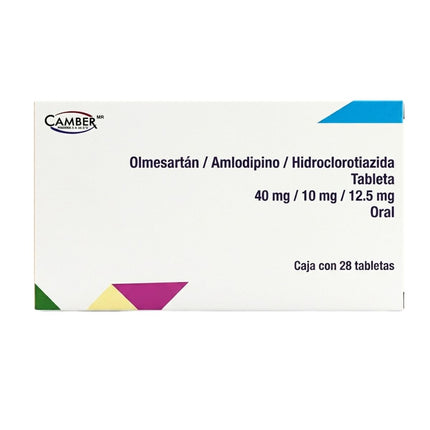Olmesartán 40 mg Amlodipino 10 mg Hidroclorotiazida 12.5 mg Caja con 28 Tabletas