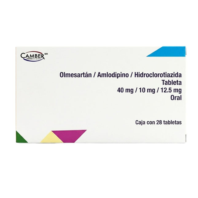 Olmesartán 40 mg Amlodipino 10 mg Hidroclorotiazida 12.5 mg Caja con 28 Tabletas