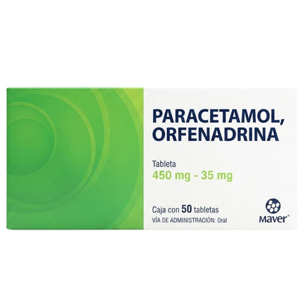 Paracetamol / Orfenadrina 450 mg / 35 mg Caja con 50 tabletas | Maver Laboratorios