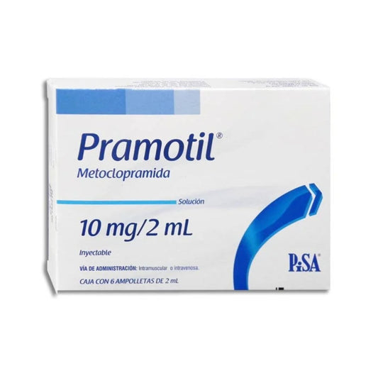 Pramotil (Metoclopramida) 10 mg/2 ml Caja con 6 Ampolletas inyectables