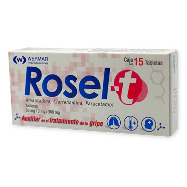 Rosel-T(Amantadina, Clorfenamina, Paracetamol) 50mg/3mg/300mg Caja  Con 15 Tabletas