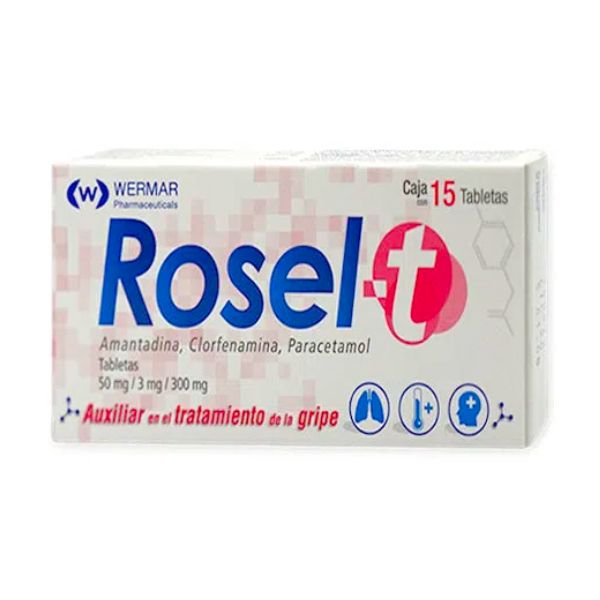 Rosel-T(Amantadina, Clorfenamina, Paracetamol) 50mg/3mg/300mg Caja  Con 15 Tabletas