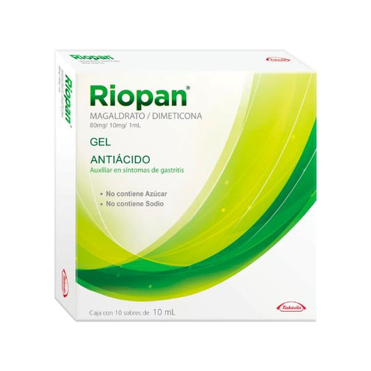 Riopan (Magaldrato/Dimeticona) Gel 80 mg/10 mg/ 1 ml Caja con 10 Sobres