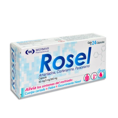 Rosel Amantadina, Clorfenamina, Paracetamol) 50 mg/3 mg /300 mg Caja 24 Cápsulas