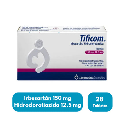 Tificom (Irbesartán, Hidroclorotiazida) 150 mg/12.5 mg Caja con 28 Tabletas