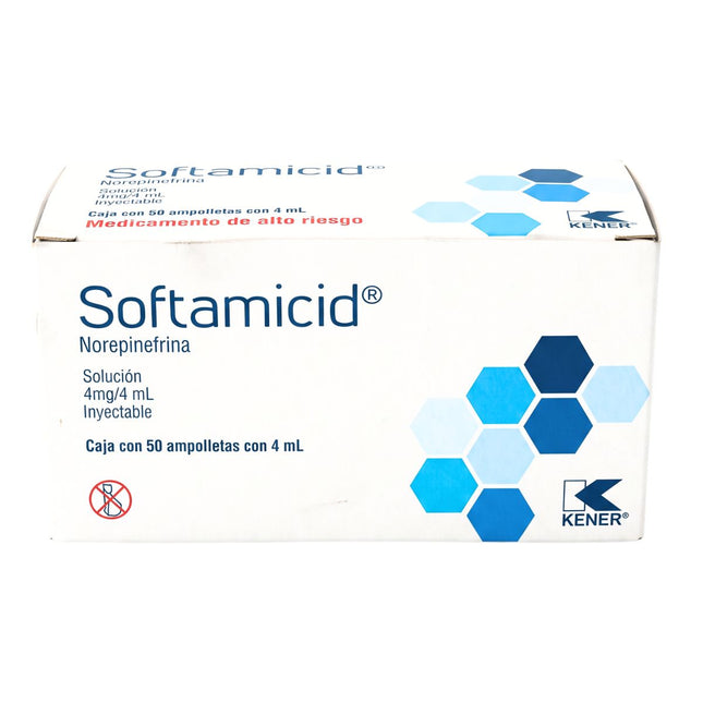Softamicid (Norepinefrina) 4 mg/4 mL Solución Inyectable Caja con 50 Ampolletas de  4 mL | Kener