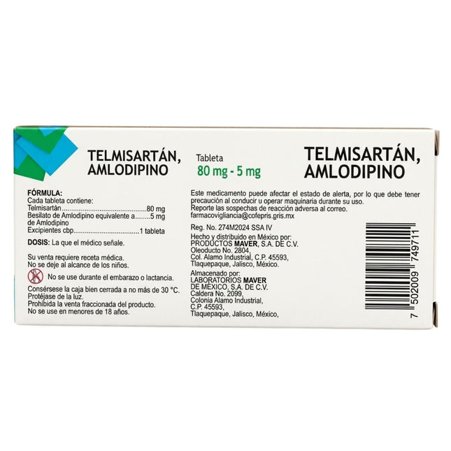 Telmisartán Amlodipino 80 mg / 5 mg Caja con 28 Tabletas | Maver Laboratorios