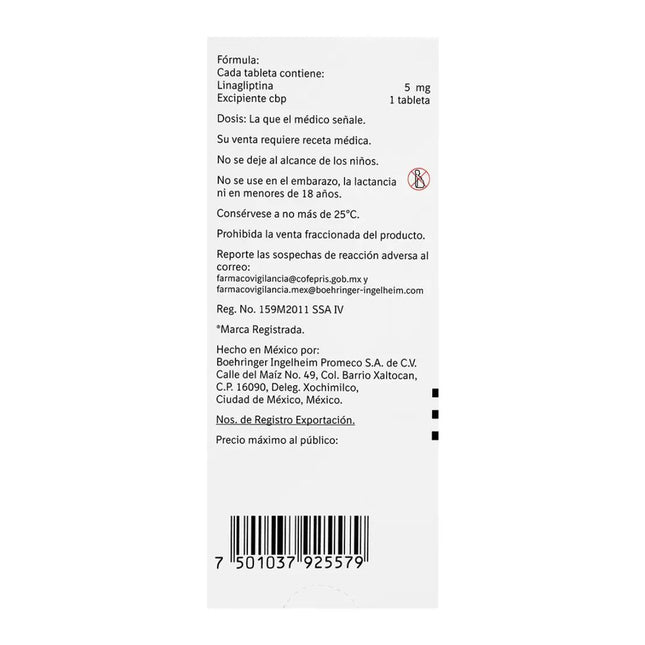 Trayenta (Linagliptina) 5 mg Caja con 30 Tabletas
