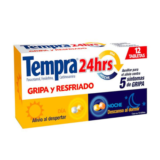 Tempra 24 Horas Dia-Noche (Paracetamol, Fenilefrina, Carboxinamina) Caja con 12 Tabletas