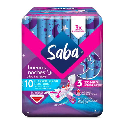 Toallas Femeninas Extra Largas con Alas SABA Buenas Noches Paquete con 10 Piezas
