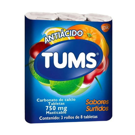 Tums Antiácido Extra Surtido 750 mg Paquete con 3 Rollos de 8 Tabletas c/u