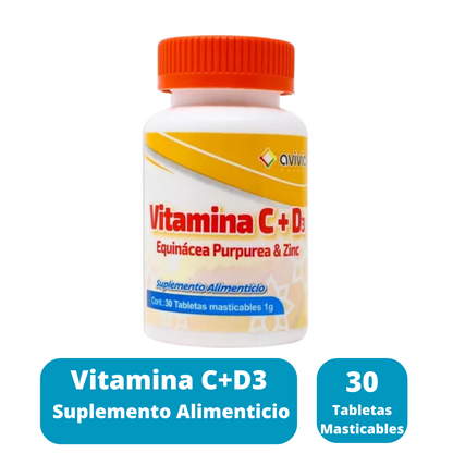 Vitamina C+D3 Suplemento Alimenticio Frasco con 30 Tabletas Masticables