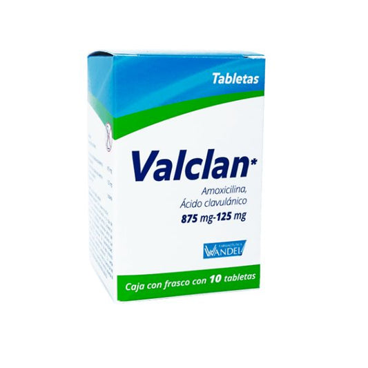 Valclan (Amoxicilina(Ácido Clavulanico) 500 mg/125 mg Frasco con 12 Tabletas