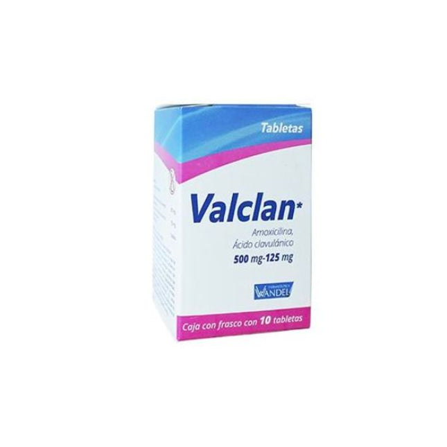 Valclan (Amoxicilina/Ácido Clavulánico) 500 mg/125 mg Caja con 10 Tabletas