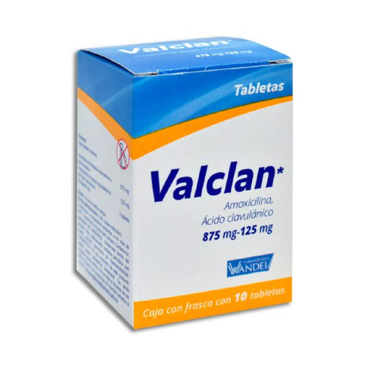 Valclan (Amoxicilina/Ácido Clavulánico) 875/125 mg Frasco con 10 Tabletas