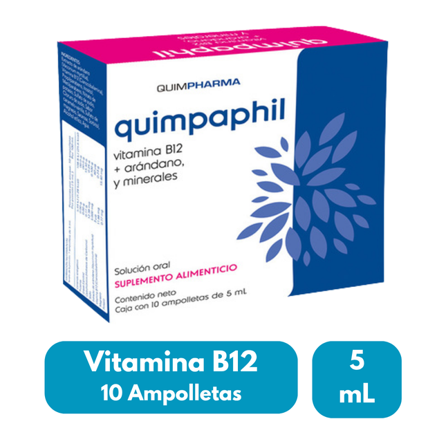 Quimpaphil (Vitamina B12+Arándanos y Minerales) Caja Con 10 Ampolletas de 5 ml Sol. Oral | Quimpharma