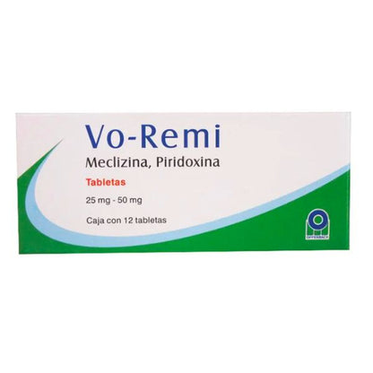 Vo-remi (Meclizina/Piridoxina) 25 mg/50 mg Caja con 12 Tabletas