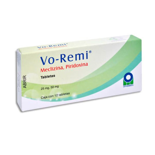 Vo-remi (Meclizina/Piridoxina) 25 mg/50 mg Caja con 12 Tabletas