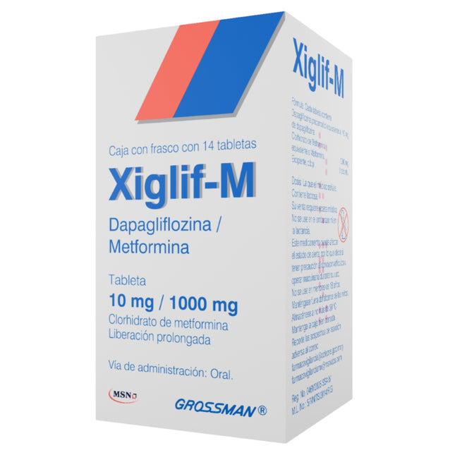 Xiglif-M (Dapagliflozina 10 mg Metformina 1000 mg) Caja con  14 Tabletas