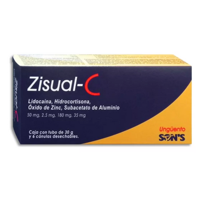 Zisual-C ( Lidocaína, Hidrocortisona, Oxido de Zinc, Subacetato de Aluminio) Ungüento Caja con 30 g y 6 Cánulas Desechables