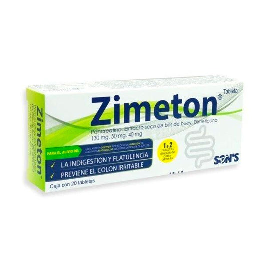 Zimeton (Pancreatina, Extracto de Bilis de Buey, Dimeticona) Caja con 20 Tabletas