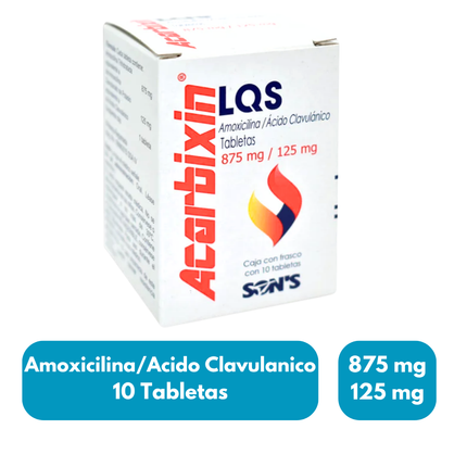 Acarbixin LQS Amoxicilina/Acido Clavulanico 875mg/125mg Frasco con 10 Tabletas