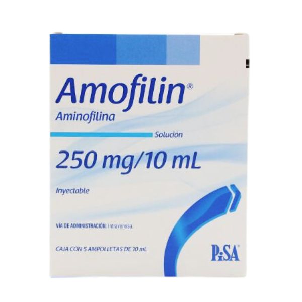 Amofilin (Aminofilina) 250 mg / 10 ml Caja con 5 Ampolletas