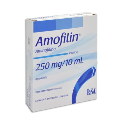 Amofilin (Aminofilina) 250 mg / 10 ml Caja con 5 Ampolletas