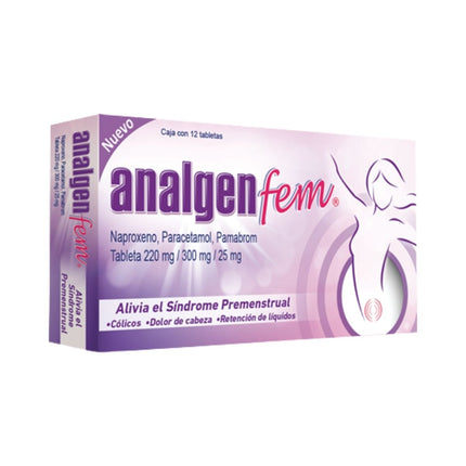 Analgen Fem (Naproxeno, Paracetamol, Pamabrom) Caja con 12 tabletas Liomont