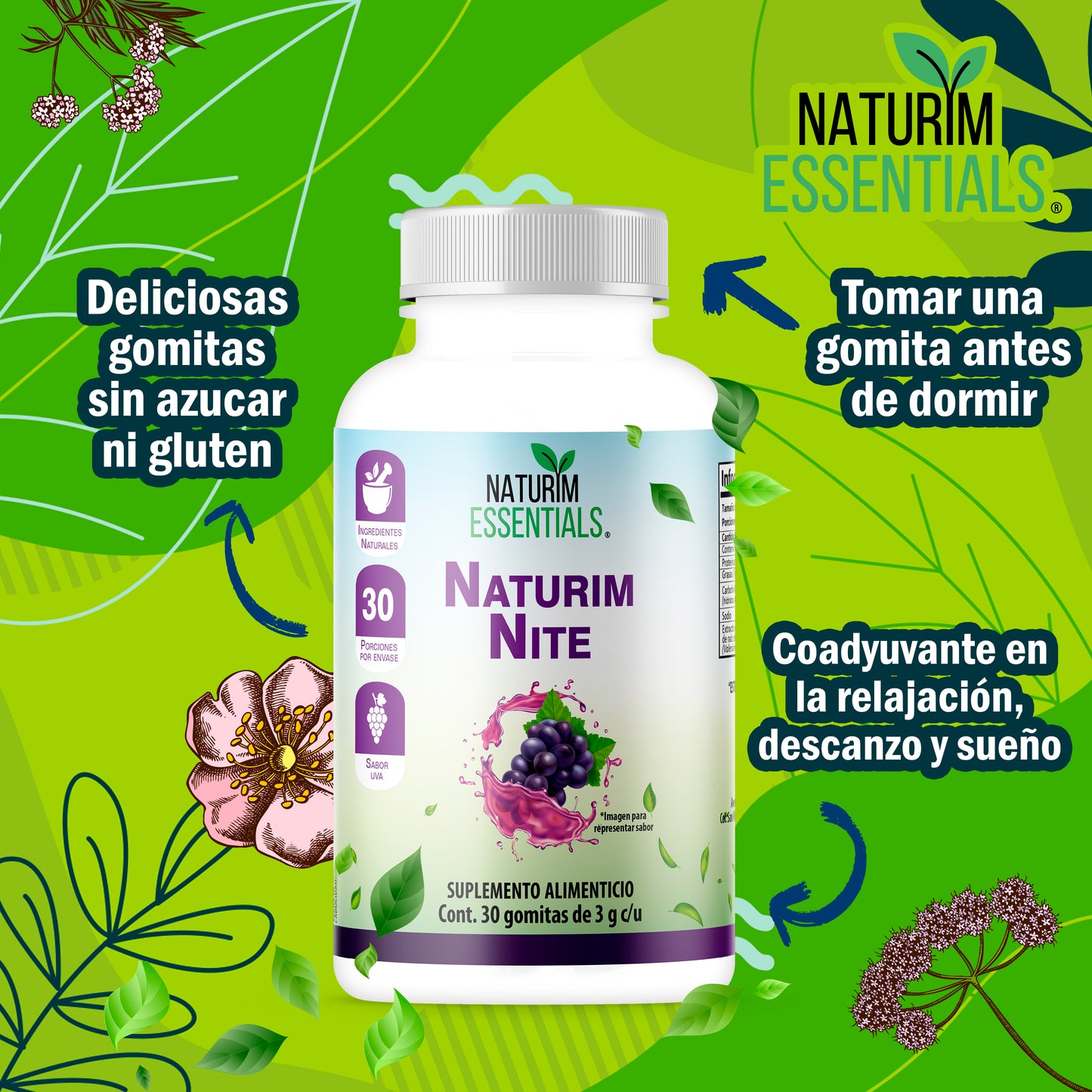 Naturim Nite Gomitas de Valeriana Frasco con 30 Gomitas Sabor Uva Adulto