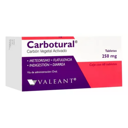 Carbotural (Carbón Vegetal Activado) 250 mg Caja con 60 Tabletas