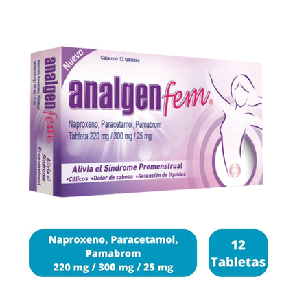 Analgen Fem (Naproxeno, Paracetamol, Pamabrom) Caja con 12 tabletas Liomont
