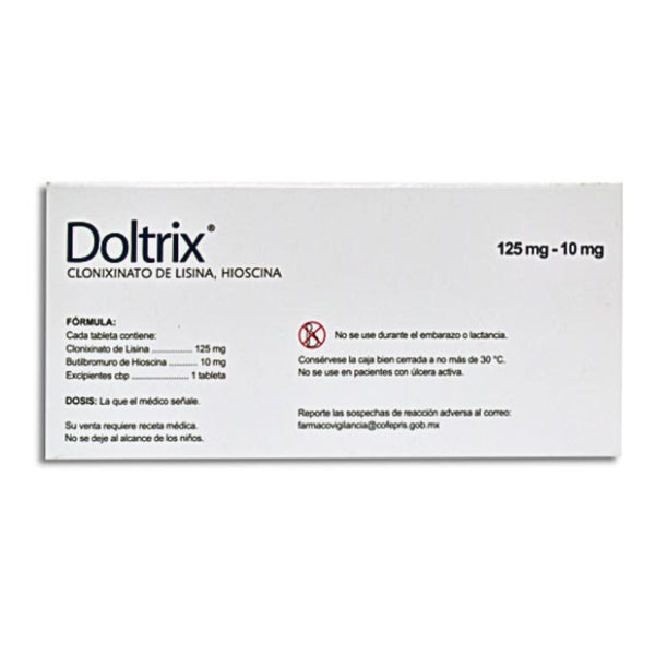 Doltrix (Clonixinato de Lisina/ Hioscina) 125 mg/ 10 mg Caja con 20 Ta ...