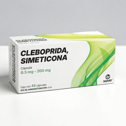 Caja de Cleboprida y Simeticona 0.5 mg/200 mg de Farmacia Sanorim, tratamiento gastrointestinal con 45 cápsulas.