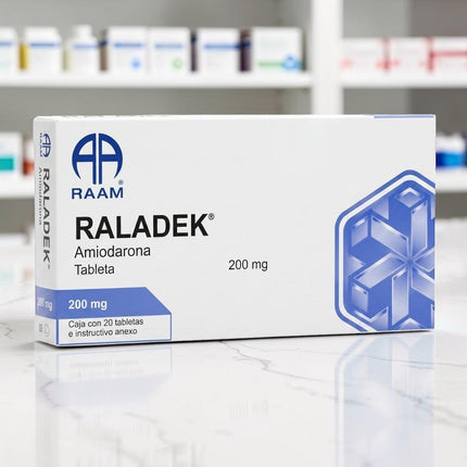 Caja de Raladek Amiodarona 200 mg de Farmacia Sanorim, medicamento antiarrítmico con 20 tabletas en empaque blanco