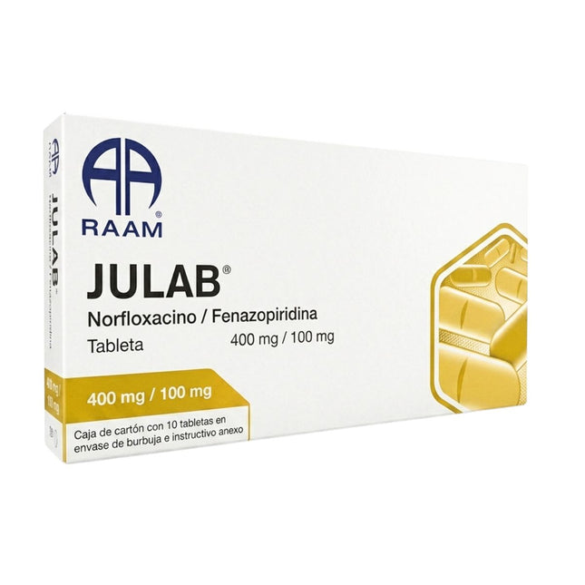 Julab (Fenazopiridina 100mg / Norfloxacino 400mg) Caja con 16 Tabletas