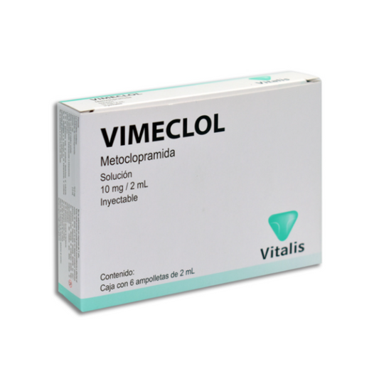 Vimeclol (Metoclopramida) 10 mg/ 2 ml Caja con 6 Ampolletas Inyectables