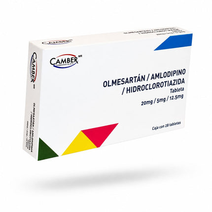 Olmesartán / Amlodipino / Hidroclorotiazida 20 mg / 5 mg / 12.5 mg Caja con 28 Tabletas Camber Pharma