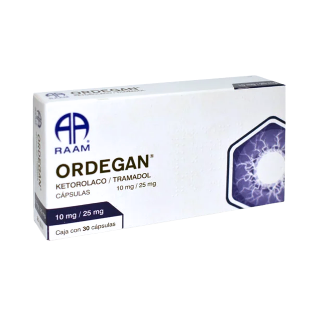 Ordegan (Ketorolaco / Tramadol) 10 mg / 25 mg Caja con 30 Cápsulas