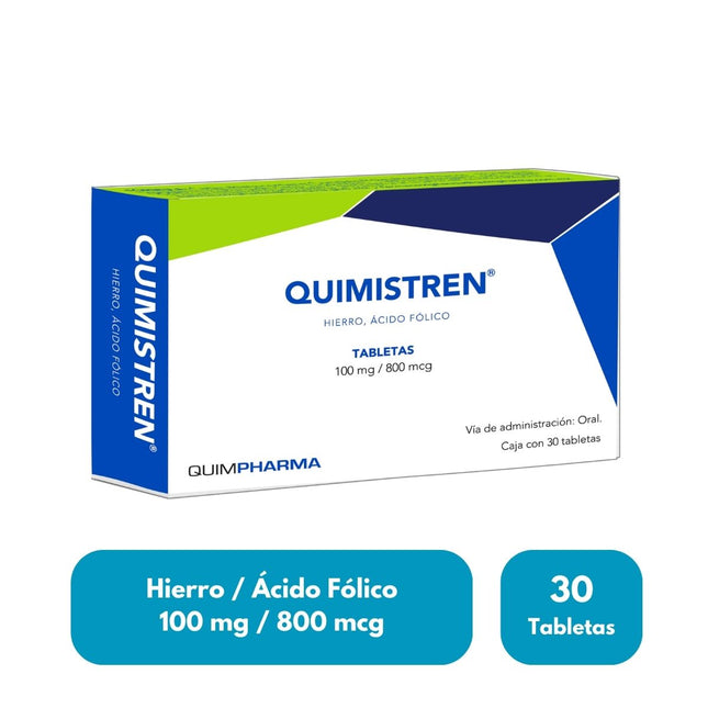 Quimistren (Hierro 100 mg / Ácido Fólico 800 mcg) Caja con 30 Tabletas
