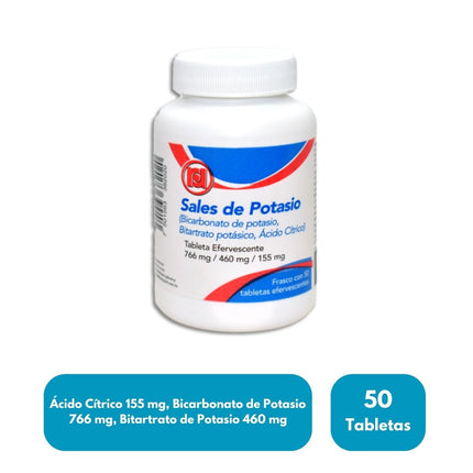 Sales de Potasio (Acido Citrico 155 mg, Bicarbonato de Potasio 766 mg, Bitartrato de Potasio 460 mg)  Frasco con 60 Tabletas Efervescentes