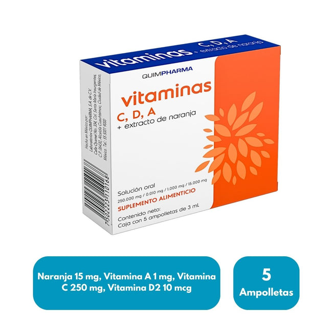 Vitaminas C, D, A (Retinol, Ácido ascórbico, Colecalciferol) Solución Oral 5 Ampolletas