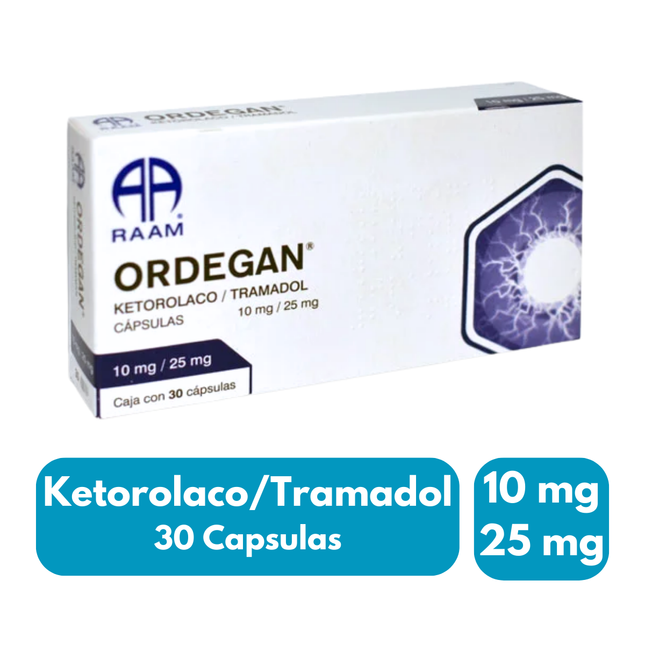 Ordegan (Ketorolaco / Tramadol) 10 mg / 25 mg Caja con 30 Cápsulas