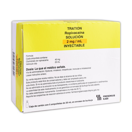 Tration (Ropivacaina) 2 mg Caja con 5 Ampolletas Inyectables